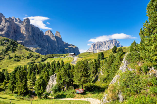 Landscape view of Colfosco, Calfosch, Val Gardena, Dolomites, South Tyrol, Italy Landscape view of Colfosco, Calfosch, Val Gardena, Dolomites, South Tyrol in Italy alto adige italy stock pictures, royalty-free photos & images