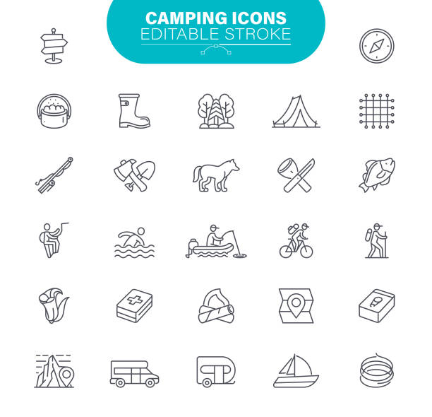 Camping Icons. Set contains symbol as Outdoor, Stroking, Camp fire, Fashlight, Mountains Hiking, Forest, Survival, Wildlife, Animal, Editable Icon Set summer camp cabin stock illustrations