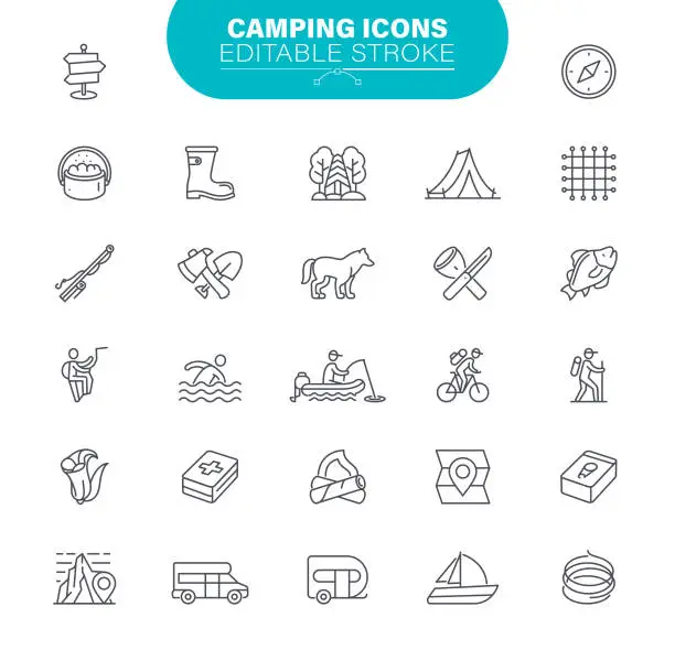 Vector illustration of Camping Icons. Set contains symbol as Outdoor, Stroking, Camp fire, Fashlight, Mountains