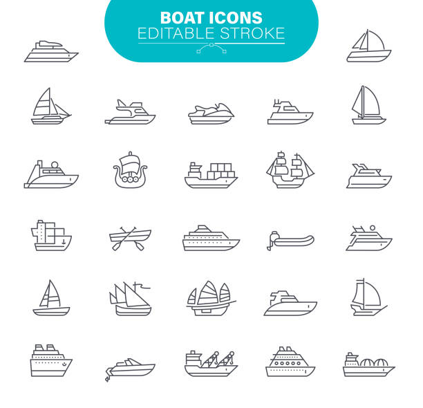 ikony łodzi. zestaw zawiera symbol jako transport; żaglówka, statek, statek morski - moored stock illustrations