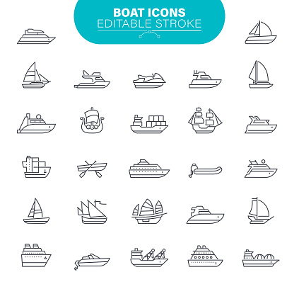 Water transportation, ships, ailboat, yacht, speedboat, Editable Icon Set