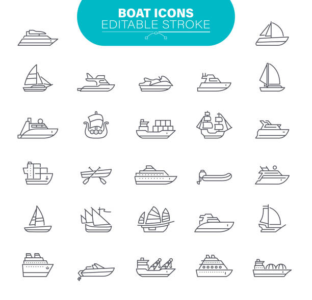 Boat Icons. Set contains symbol as Transportation; Sailboat, Ship, Nautical Vessel Water transportation, ships, ailboat, yacht, speedboat, Editable Icon Set passenger craft stock illustrations