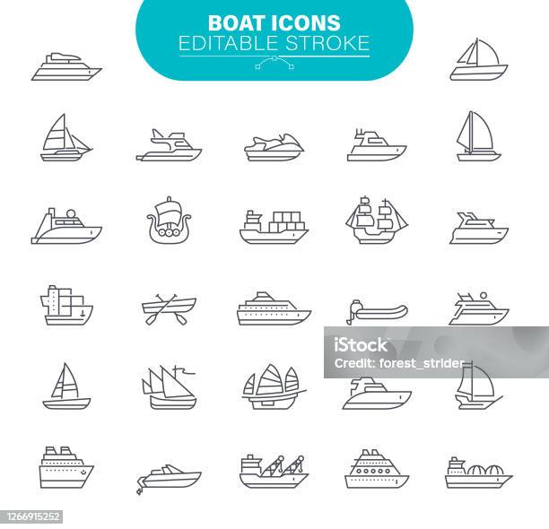 Boat Icons Set Contains Symbol As Transportation Sailboat Ship Nautical Vessel Stock Illustration - Download Image Now