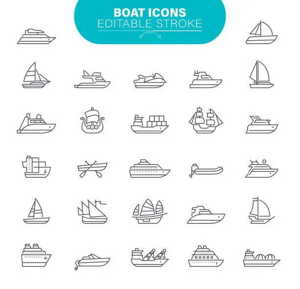 Vector illustration of Boat Icons. Set contains symbol as Transportation; Sailboat, Ship, Nautical Vessel