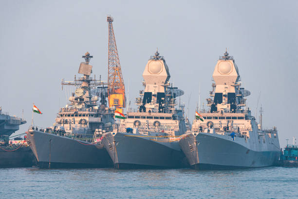 01/07/2020 Mumbai. India. three warships of the Indian Navy anchored in Mumbai 01/07/2020 Mumbai. India. three warships of the Indian Navy anchored in Mumbai destroyer photos stock pictures, royalty-free photos & images