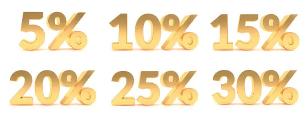 Photo of Gold 5, 10, 15, 20, 25, 30 percent discount sale promotion. 5%, 10%, 15%, 20%, 25%, 30% discount isolated on white background