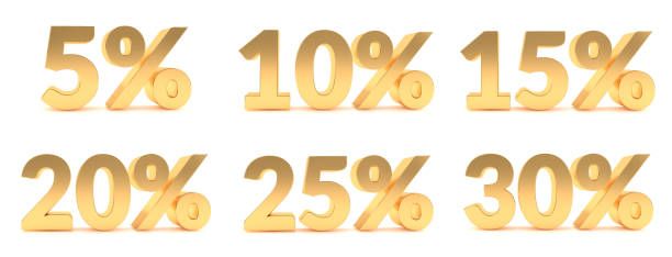 ouro 5, 10, 15, 20, 25, 30% de desconto promoção de venda. 5%, 10%, 15%, 20%, 25%, 30% de desconto isolado no fundo branco - number 10 percentage sign promotion sale - fotografias e filmes do acervo