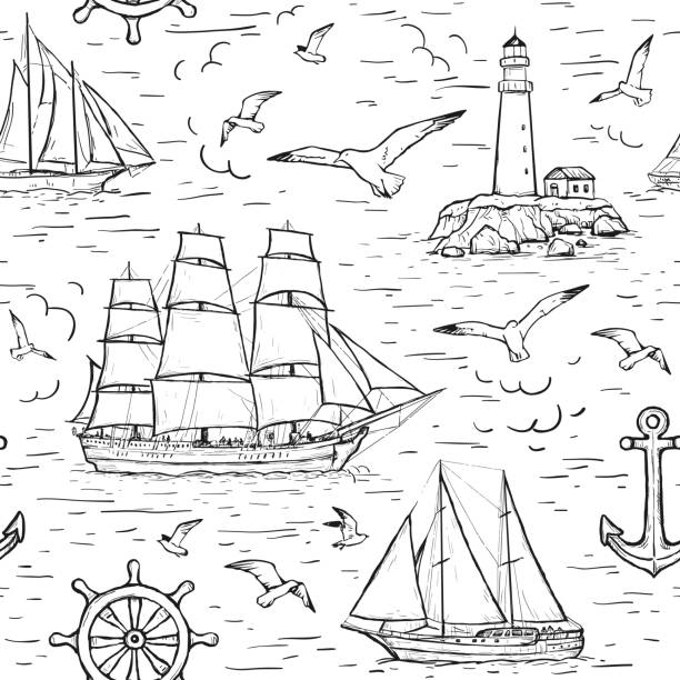 Vector sketch seamless marine pattern with sailing ship, lighthouse, seagulls, anchor. Black line isolated on white Vector sketch seamless marine pattern with sailing ship, lighthouse, seagulls, anchor. Design for textile, wrapping paper, page fill, web design, wallpaper. Black line isolated on white lighthouse drawings stock illustrations