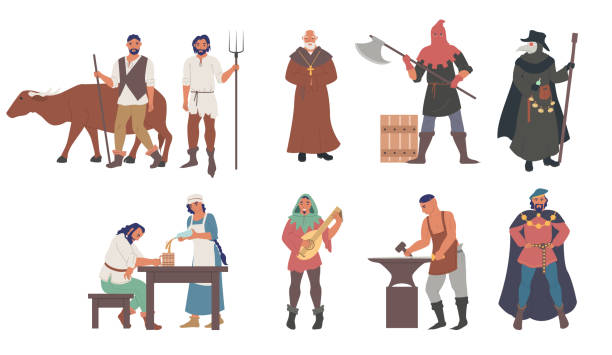 ilustrações de stock, clip art, desenhos animados e ícones de medieval people male and female cartoon character set, flat vector isolated illustration - farm worker