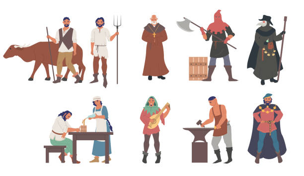 Medieval people male and female cartoon character set, flat vector isolated illustration Medieval people male and female cartoon character set flat vector isolated illustration. Priest, peasants, executioner, plague doctor, blacksmith, musician, minstrel, royal courtier. Medieval clothing entertainment occupation stock illustrations