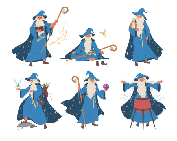 Old wizard, magician cartoon character set, flat vector isolated illustration. Fantasy, magic Merlin spells. Wizard, magician cartoon character set, flat vector illustration. Old beard man in blue wizards robe hat. Warlock, sorcerer with magical wand, cauldron. Mystery fantasy witchcraft, magic Merlin spells warnock stock illustrations