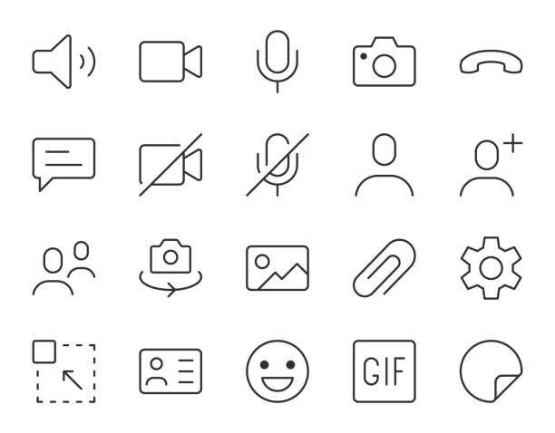 ikona linii połączenia wideo. minimalna ilustracja wektorowa, proste ikony konspektu - czat, wiadomość, mikrofon, kamera, konferencja i inne cienkie piktogram dla interfejsu połączenia wideo. edytowalny obrys - twitter web page photography application software stock illustrations