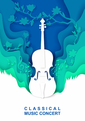 Vector paper cut craft style music composition for violin classical music concert poster banner flyer