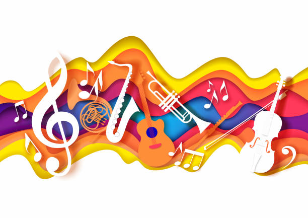 Vector paper cut craft style music composition for jazz concert festival party poster banner card Vector layered paper cut craft style music composition of saxophone guitar trumpet violin music instruments, notes on abstract color background. Jazz concert festival party poster banner card template music festival stock illustrations