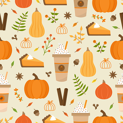 Pumpkin spice season vector hand drawn seamless pattern. Cute orange pumpkin, cup of coffee, pumpkin pie, spices and leaves. Autumn, fall seasonal background. Isolated.