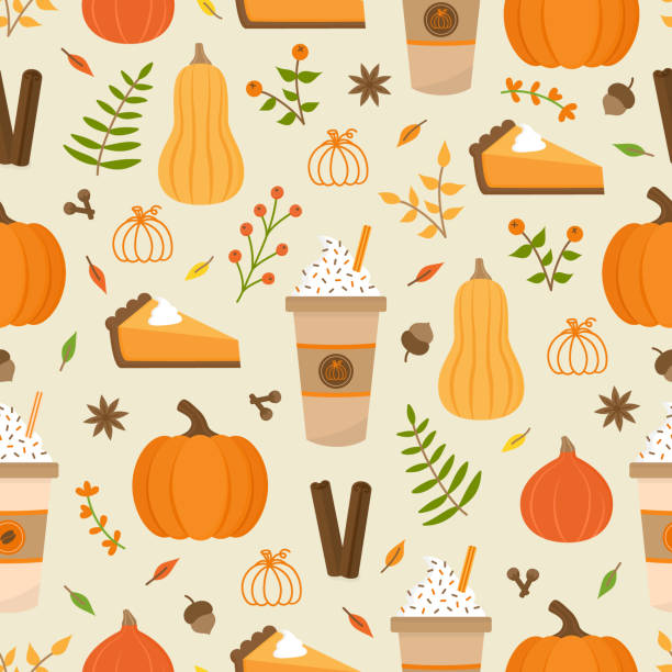 Pumpkin spice seamless pattern Pumpkin spice season vector hand drawn seamless pattern. Cute orange pumpkin, cup of coffee, pumpkin pie, spices and leaves. Autumn, fall seasonal background. Isolated. autumn patterns stock illustrations