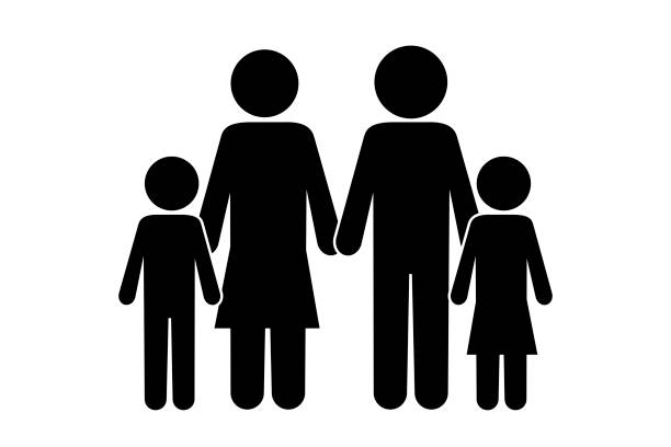 ilustrações de stock, clip art, desenhos animados e ícones de vector icon of parents with children. black silhouette of a family. black white family illustration. stock photo. - four people