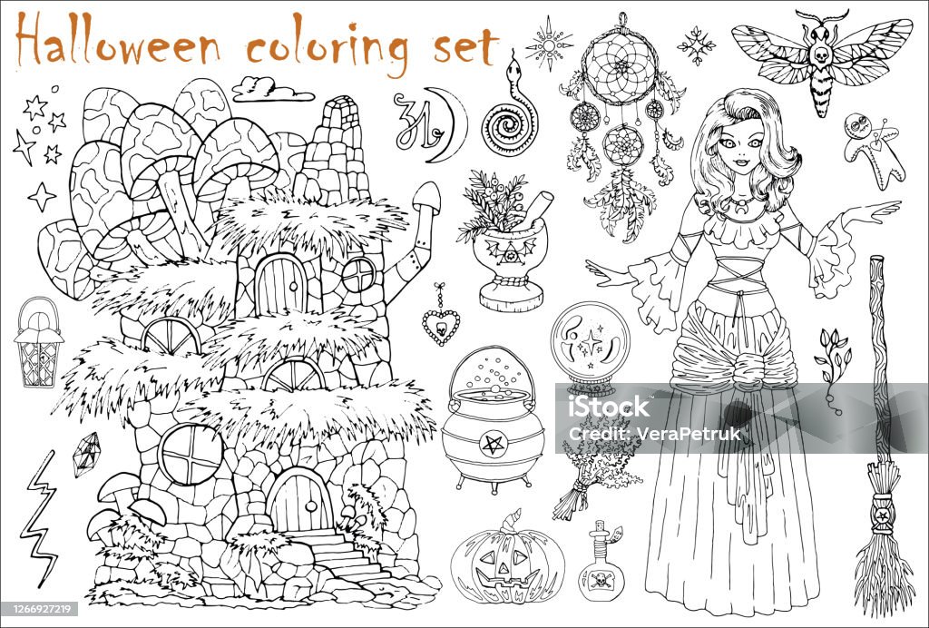 Halloween Coloring Set With Beautiful Witch Girl House Moth Broom And  Dreamcatcher Isolated On White Stock Illustration - Download Image Now -  iStock