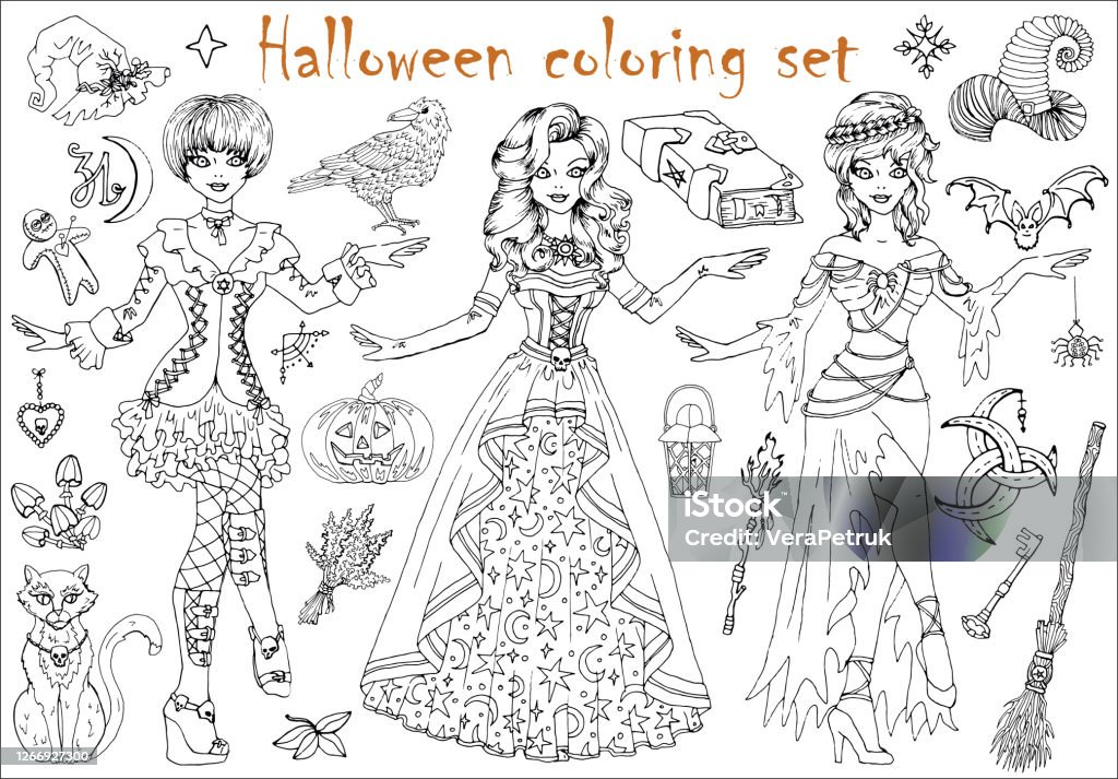 Halloween Coloring Set With Beautiful Witch Girls In Costumes Mystic  Animals And Scary Objects Stock Illustration - Download Image Now - iStock