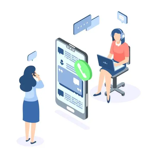 Vector illustration of Customer support isometric concept. Call center help web banner. Online service help assistance. Vector illustration