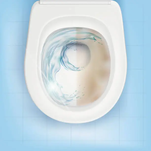 Vector illustration of White toilet bowl with liquid detergent. Top view