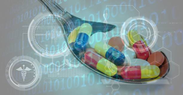 istock Digital illustration of a spoon full of medical pills over data processing, statistics showing 1266929854