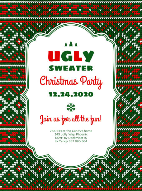 гадкий свитер веселая рождественская вечеринка орнамент фон шаблон приглашение поздравительная открытка - ugly sweater stock illustrations