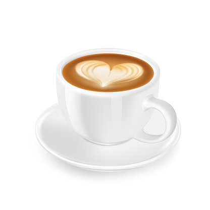 Cappuccino with froth, decorated with heart of milk, in white cup and saucer. Flavored coffee.