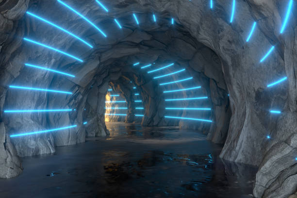 istock The dark rock tunnel with light illuminated, 3d rendering. 1266931094