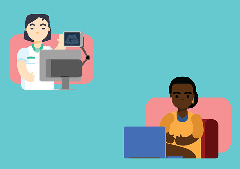 Scene representing an interaction between doctor and patient, all happening remotely from home. Vector file