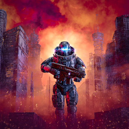 3D illustration of science fiction military robot warrior patrolling war torn dystopian streets