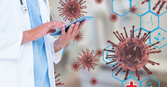 Digital illustration of a doctor using a digital tablet over macro Coronavirus Covid-19 cells floating in the background. Medicine public health pandemic coronavirus Covid 19 outbreak concept digital composite.