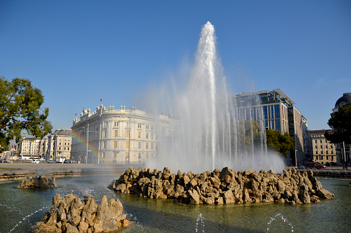 Alfonso XII Monument and lake in the Buen Retiro Park (Parque del Buen Retiro) in spring in Madrid, Spain