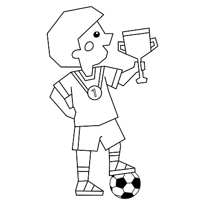 Ilustración de Esbozo De Página Para Colorear De Un Niño De Dibujos  Animados Con Una Pelota De Fútbol Y Una Copa Ganadora Libro Para Colorear  Para Niños y más Vectores Libres de