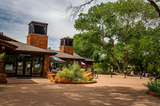 Zion National Park, Utah, USA - June 13, 2020: The Visitor Center and grounds near the Watchman Trailhead in Zion National Park in Utah.
