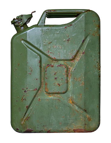 An Old Grungy Oil Or Gas (Petrol) Jerry Can Or Container On A White Background