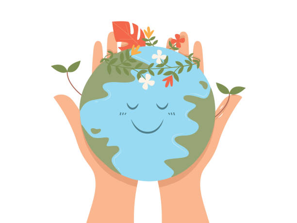 Protect the world with our hands Protect the world with our hands cartoon earth happy planet stock illustrations