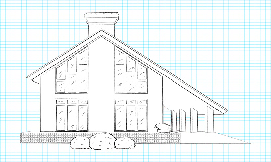 Linear pencil sketch of the facade of the house. White silhouette of a cottage-type house. Isolated.