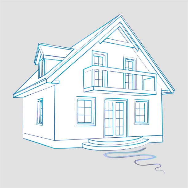 Linear pencil sketch of the facade of the house. White silhouette of a cottage-type house. Isolated. Vector Linear pencil sketch of the house. White silhouette of a cottage-type house. Isolated. fixture draw stock illustrations