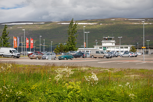 Akureyri Airport, Iceland, July 9, 2020: The airport in Akureyri is not big, but it is an important part of the Icelandic infrastructure