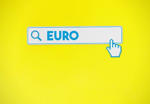 Euro Currency Concept. Search engine web page on yellow paper. Horizontal composition with copy space.