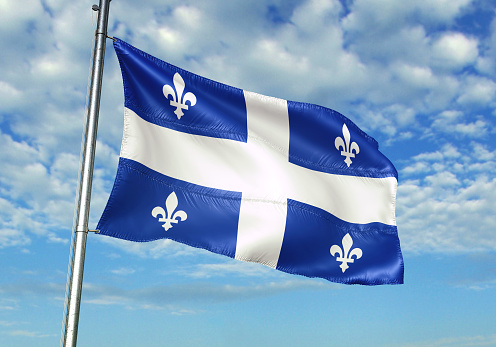Quebec of Canada flag waving with sky on background realistic 3d illustration