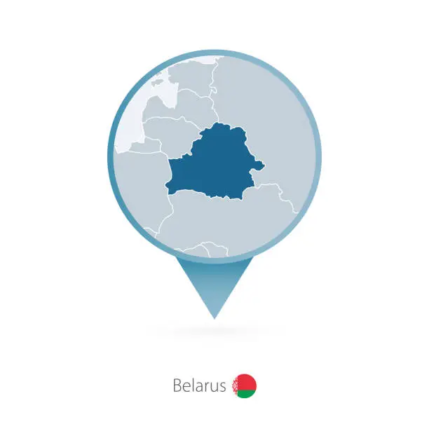 Vector illustration of Map pin with detailed map of Belarus and neighboring countries.