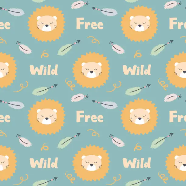 Vector illustration of Seamless pattern with lions, feathers and lettering. Cute scandinavian design