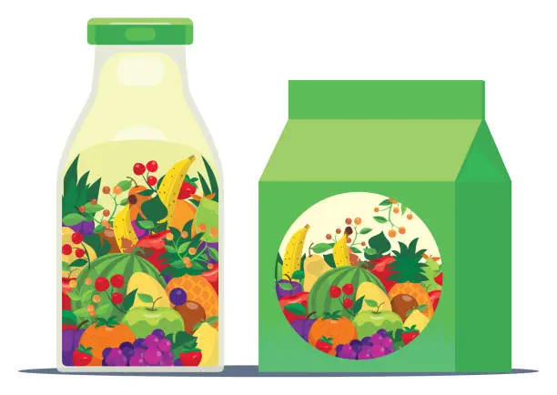 Vector illustration of fruits drink bottle and box