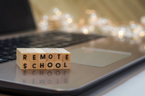 istock REMOTE SCHOOL virtual learning concept with wood block letters on laptop 1266942858