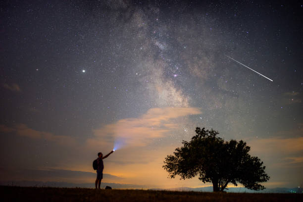 istock Man with Bright shooting stars under Milky Way Galaxy 1266944402