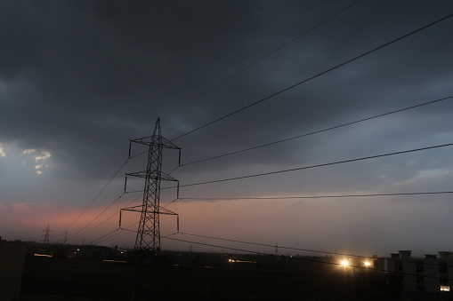 A long exposure shot of an electric tower