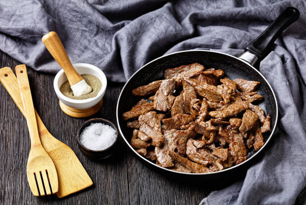 istock fried ribeye beef steak cut into strips on a skillet on a dark wooden table 1266945699
