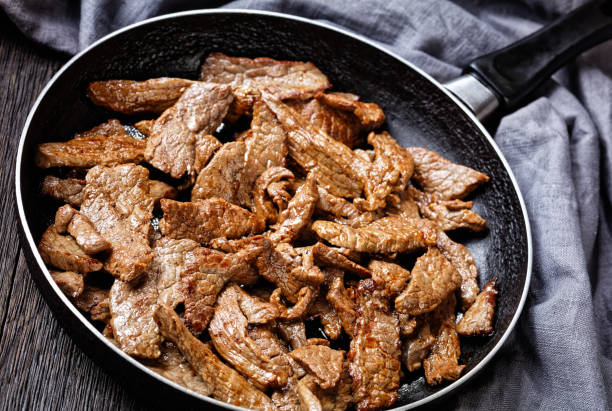 istock fried ribeye beef steak cut into strips on a skillet on a dark wooden table 1266945702